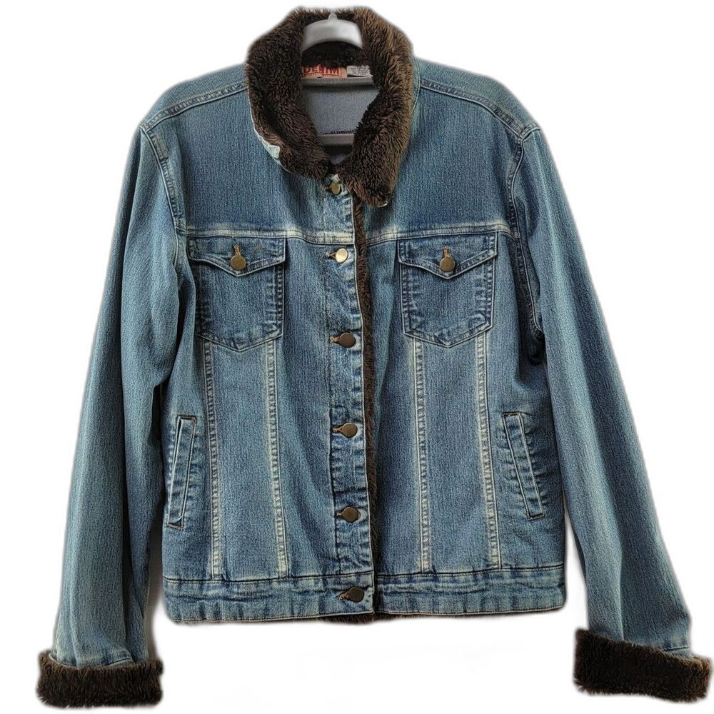 DENIM Blue Denim Jacket with Pockets and Faux Fur on Collar and Cuffs Size 14